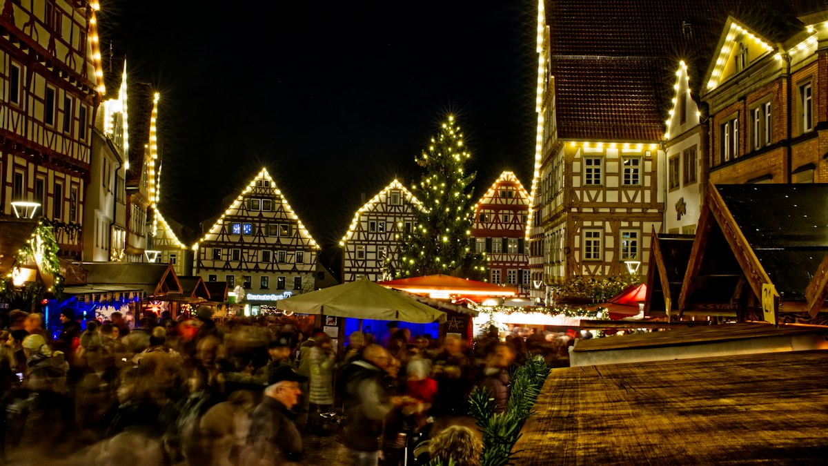 Christmas market lit up at night
